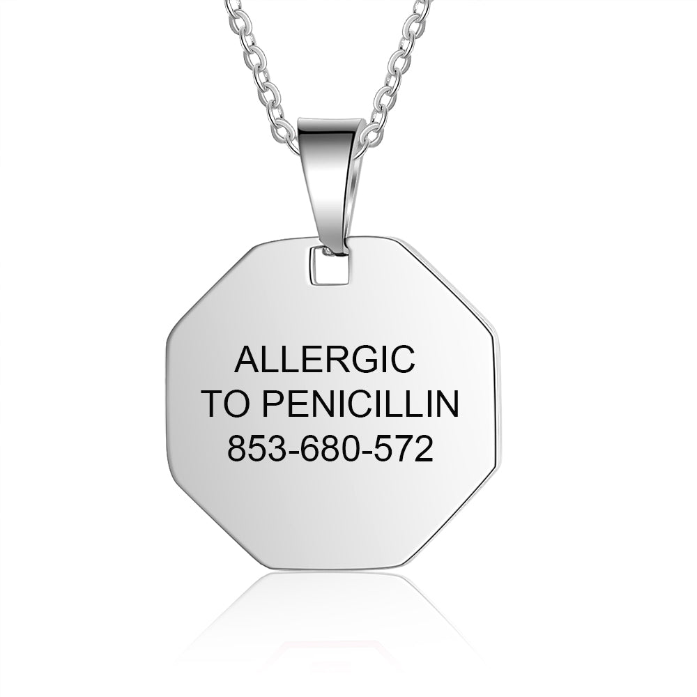 Custom stainless steel medical alert necklace, octagonal ID pendant, white gold plated, 55+5cm, 12.5g/11.8g.