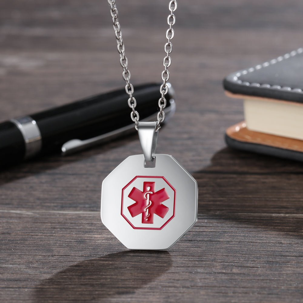Custom stainless steel medical alert necklace, octagonal ID pendant, white gold plated, 55+5cm, 12.5g/11.8g.