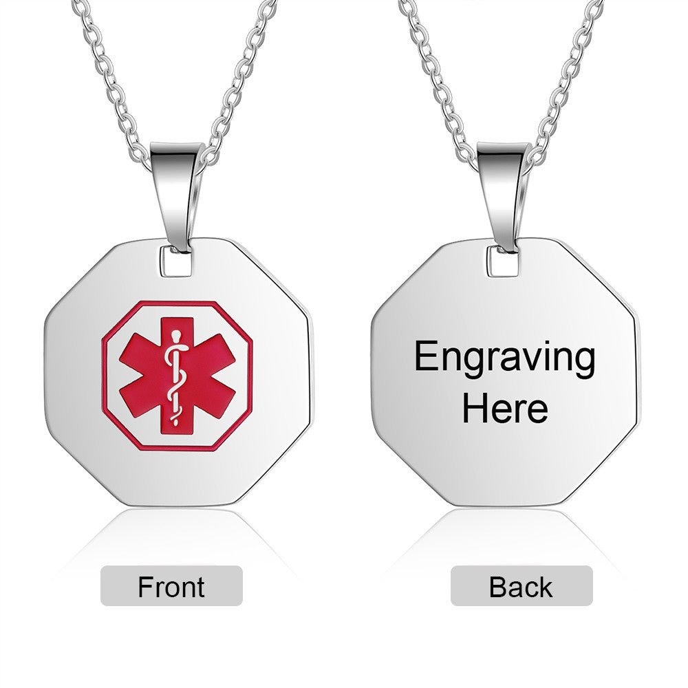 Custom stainless steel medical alert necklace, octagonal ID pendant, white gold plated, 55+5cm, 12.5g/11.8g.