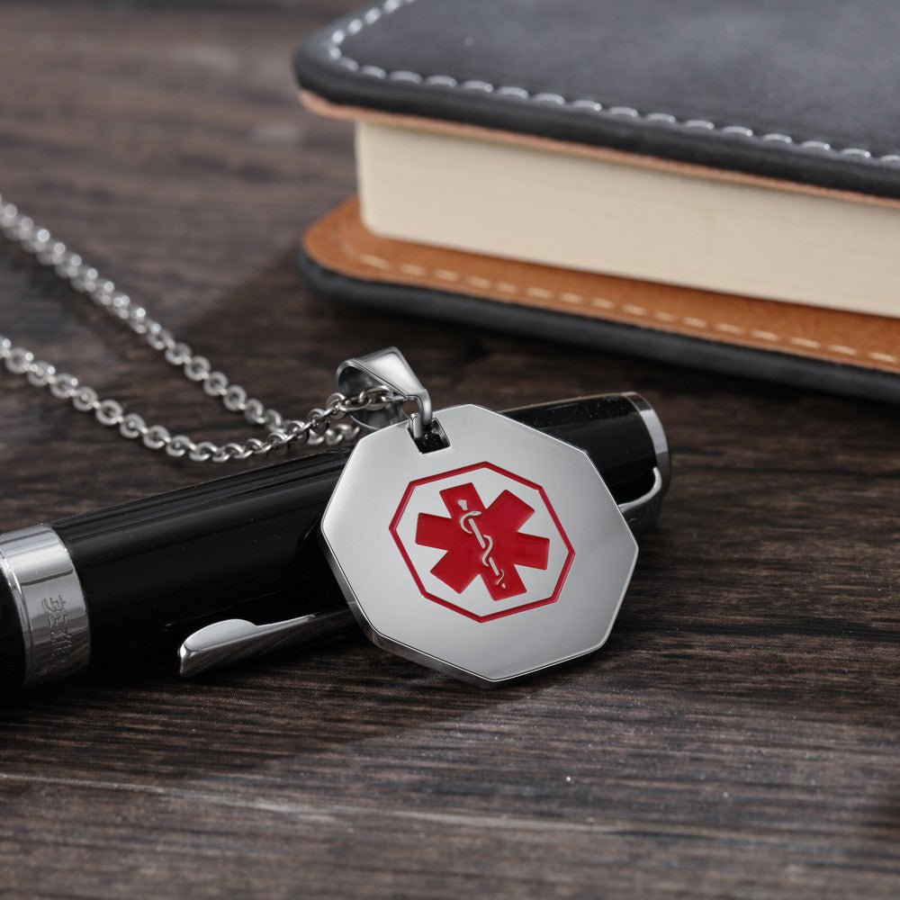 Custom stainless steel medical alert necklace, octagonal ID pendant, white gold plated, 55+5cm, 12.5g/11.8g.
