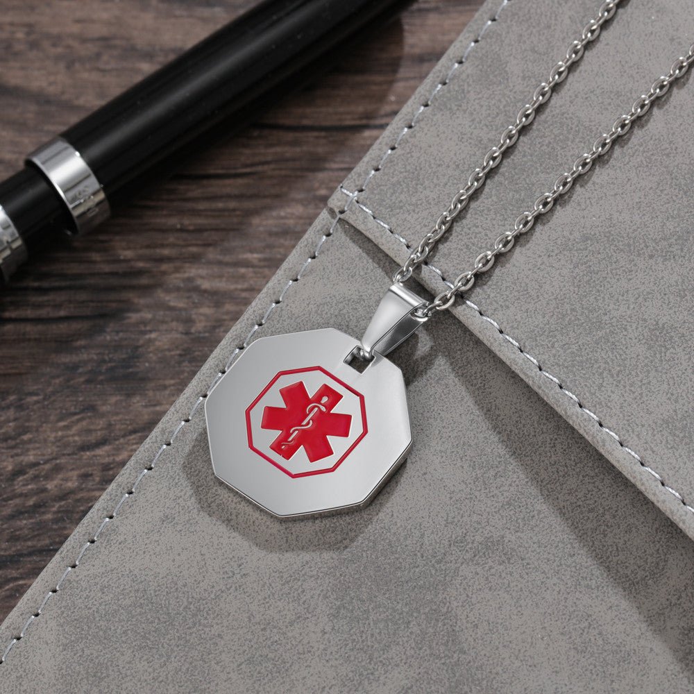 Custom stainless steel medical alert necklace, octagonal ID pendant, white gold plated, 55+5cm, 12.5g/11.8g.