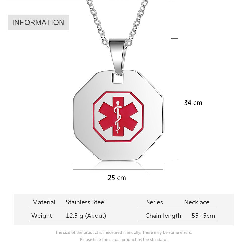 Custom stainless steel medical alert necklace, octagonal ID pendant, white gold plated, 55+5cm, 12.5g/11.8g.