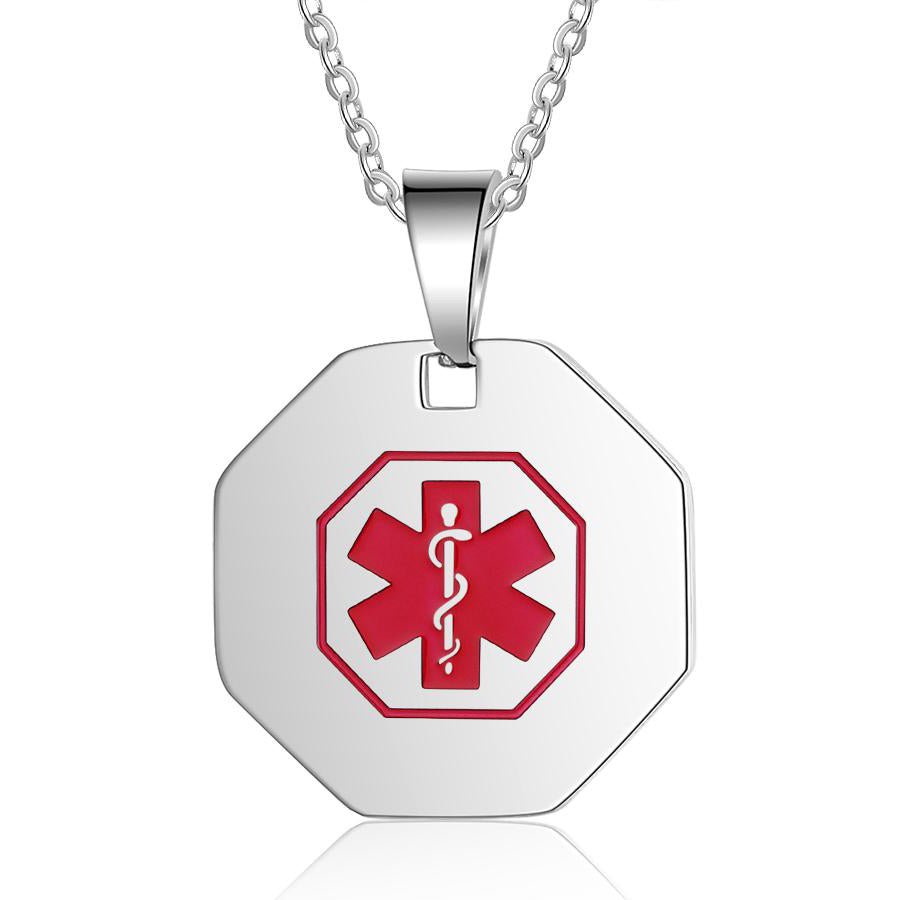 Custom Medical Necklace - Stainless Steel Medical Alert Necklace, Personalised Octagonal Medical ID Pendant with Chain - Engraved Memories