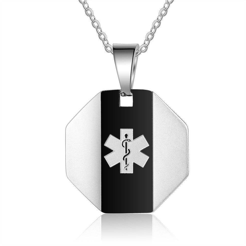 Custom stainless steel medical alert necklace, octagonal ID pendant, white gold plated, 55+5cm, 12.5g/11.8g.