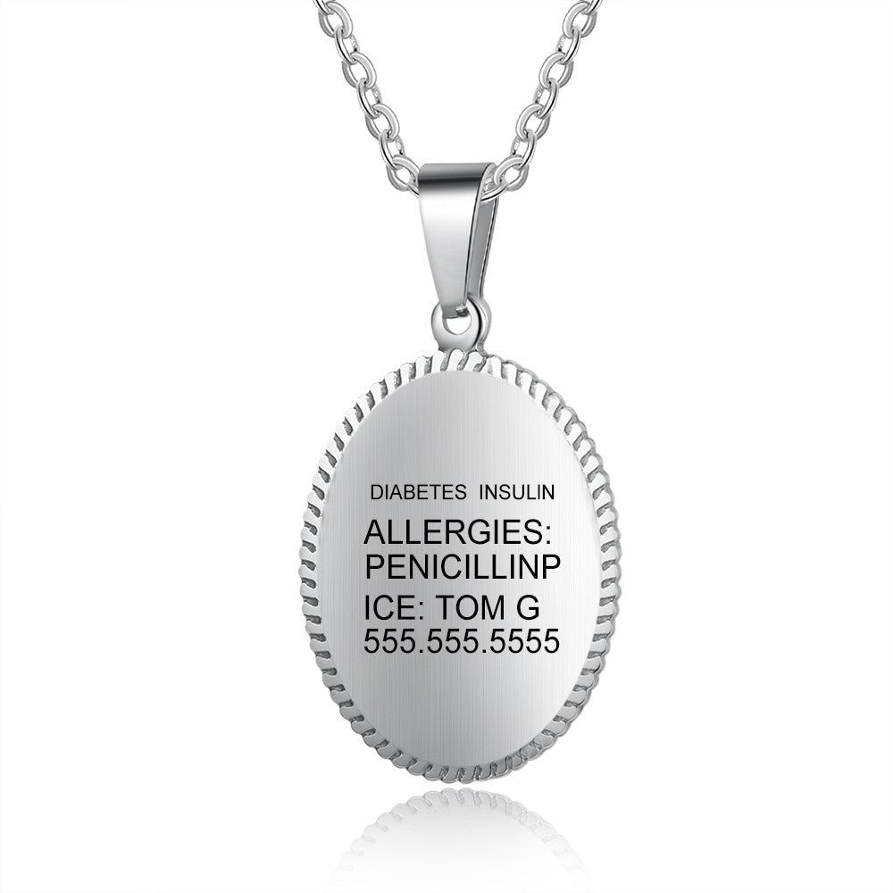 Custom Medical Necklace - Stainless Steel Medical Alert Necklace, Personalised Oval Medical ID Pendant with Chain - Engraved Memories