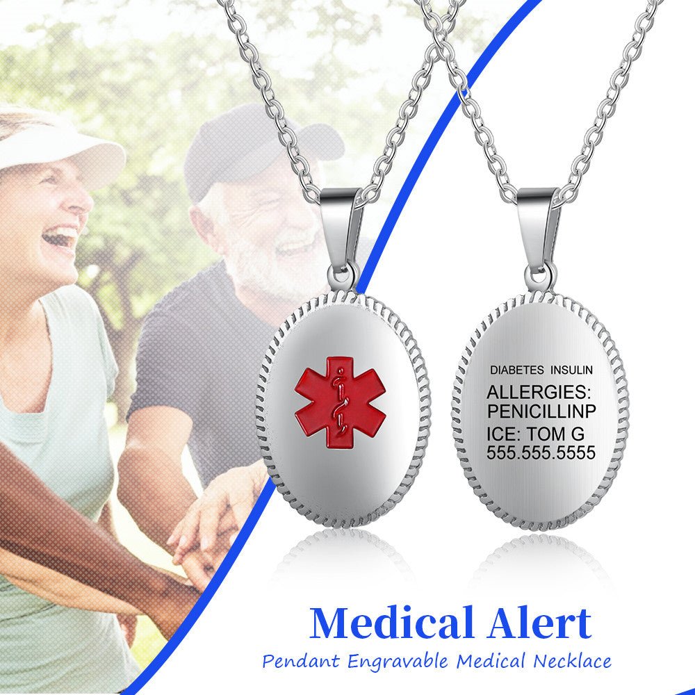 Custom stainless steel medical alert necklace, oval ID pendant, white gold plated, 45+5cm, 8.8g.