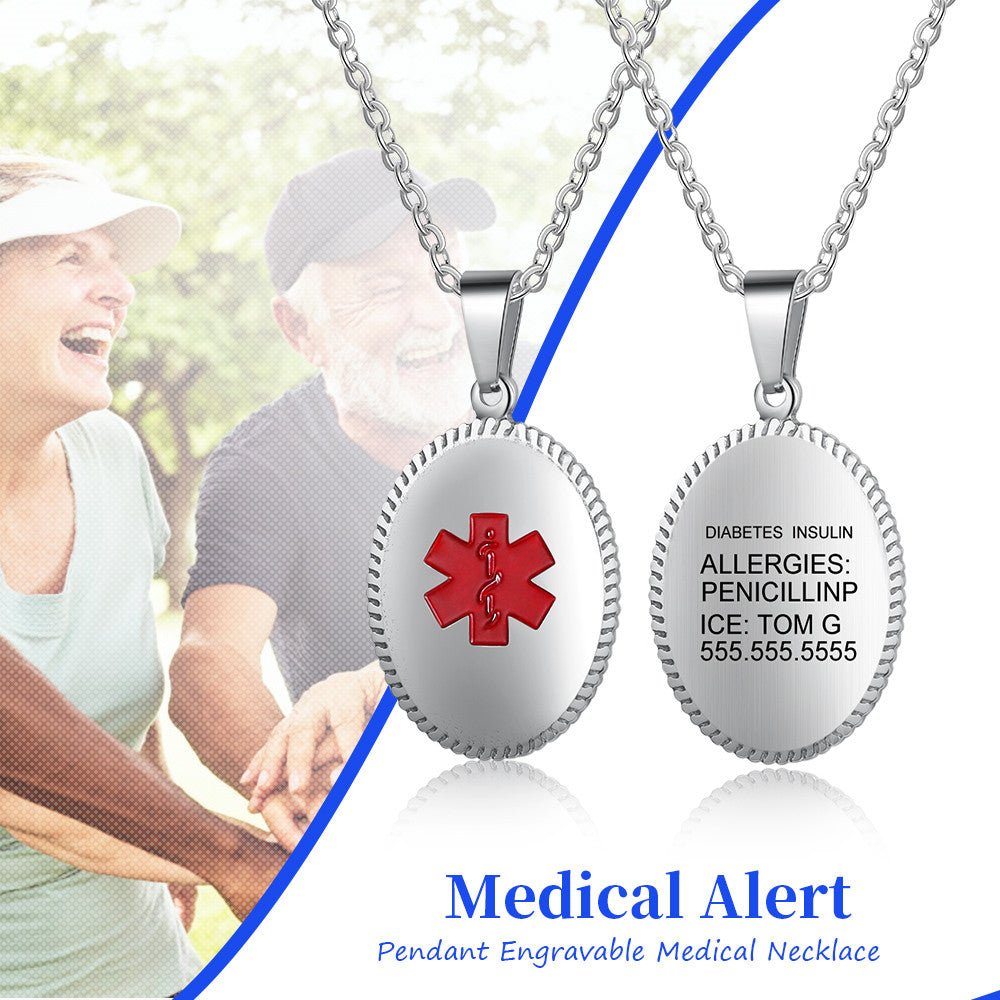 Custom Medical Necklace - Stainless Steel Medical Alert Necklace, Personalised Oval Medical ID Pendant with Chain - Engraved Memories