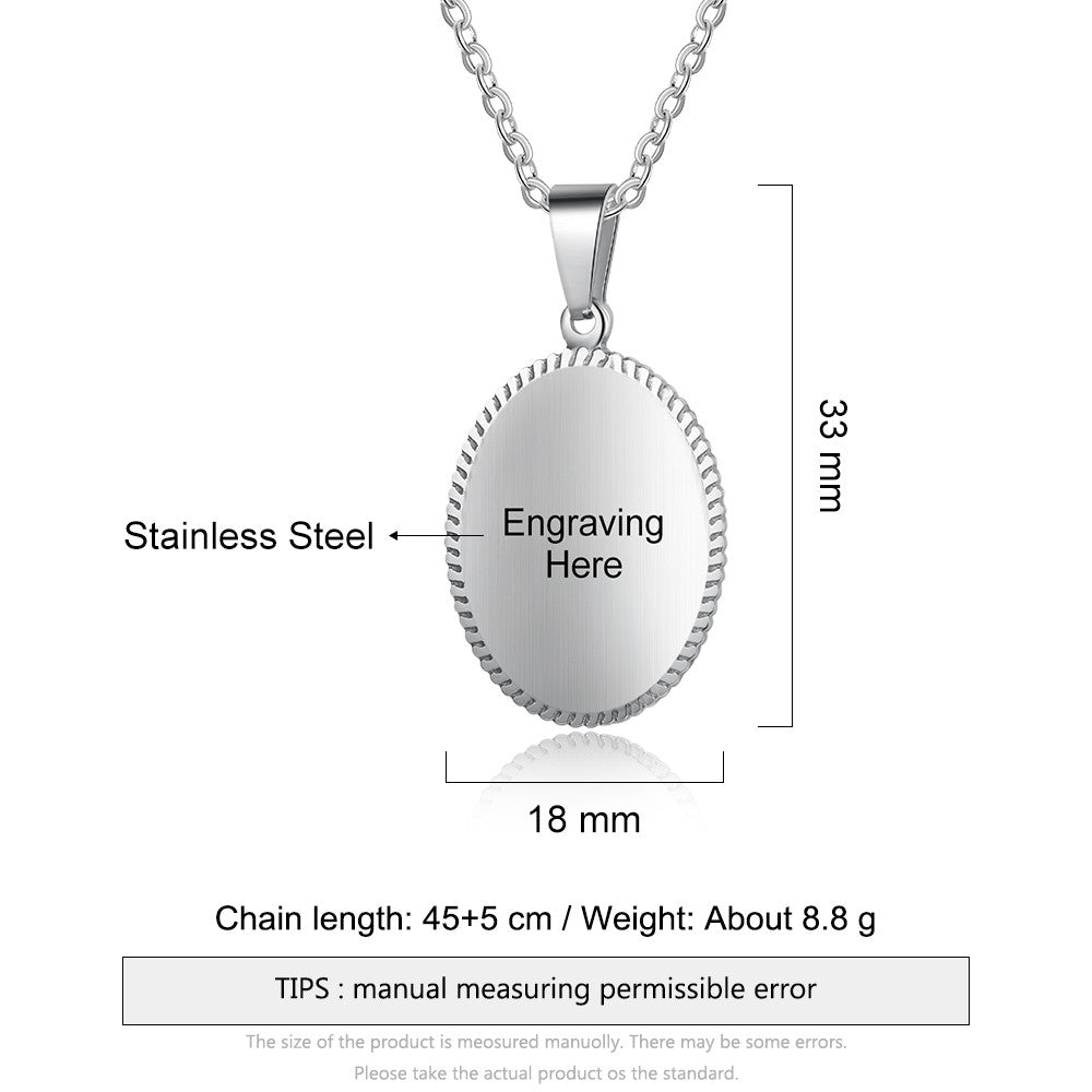 Custom stainless steel medical alert necklace, oval ID pendant, white gold plated, 45+5cm, 8.8g.