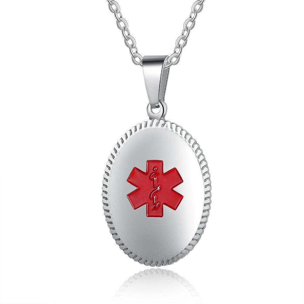 Custom stainless steel medical alert necklace, oval ID pendant, white gold plated, 45+5cm, 8.8g.