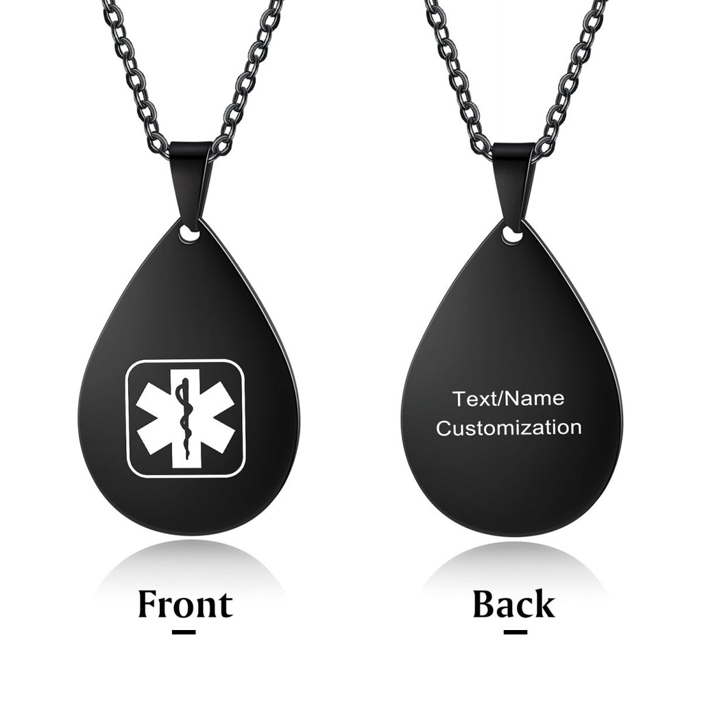 Custom women's medical alert necklace, teardrop ID pendant, personalized, 50+5+5cm, 14.8g.