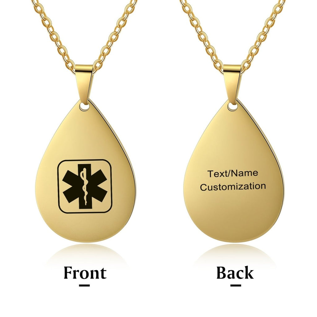 Custom women's medical alert necklace, teardrop ID pendant, personalized, 50+5+5cm, 14.8g.