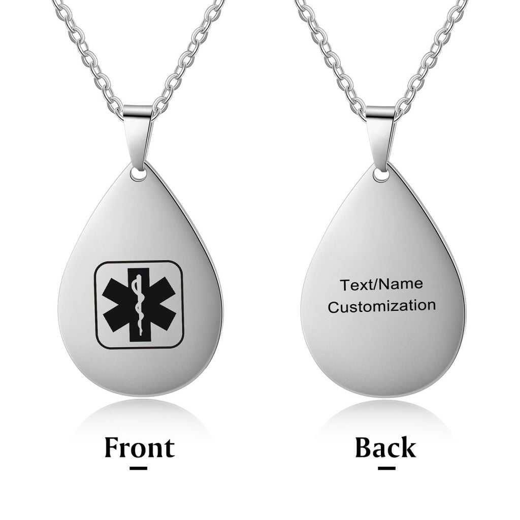 Custom women's medical alert necklace, teardrop ID pendant, personalized, 50+5+5cm, 14.8g.