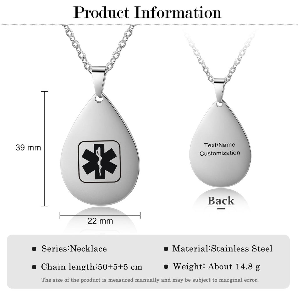 Custom women's medical alert necklace, teardrop ID pendant, personalized, 50+5+5cm, 14.8g.