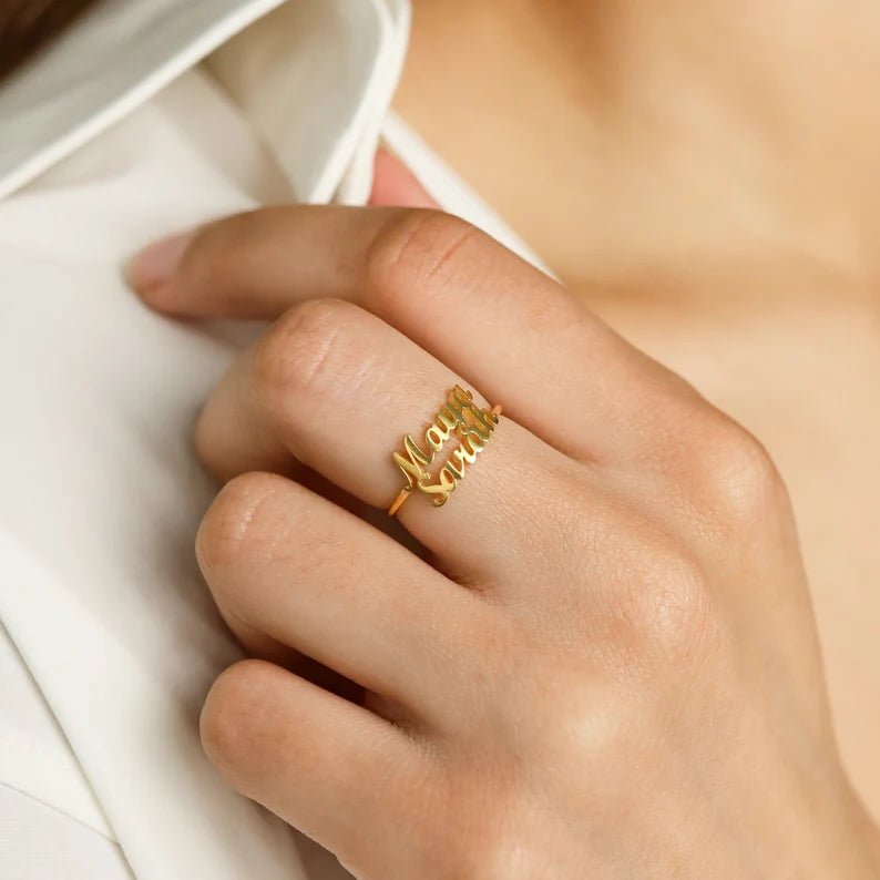 Double on sale name ring
