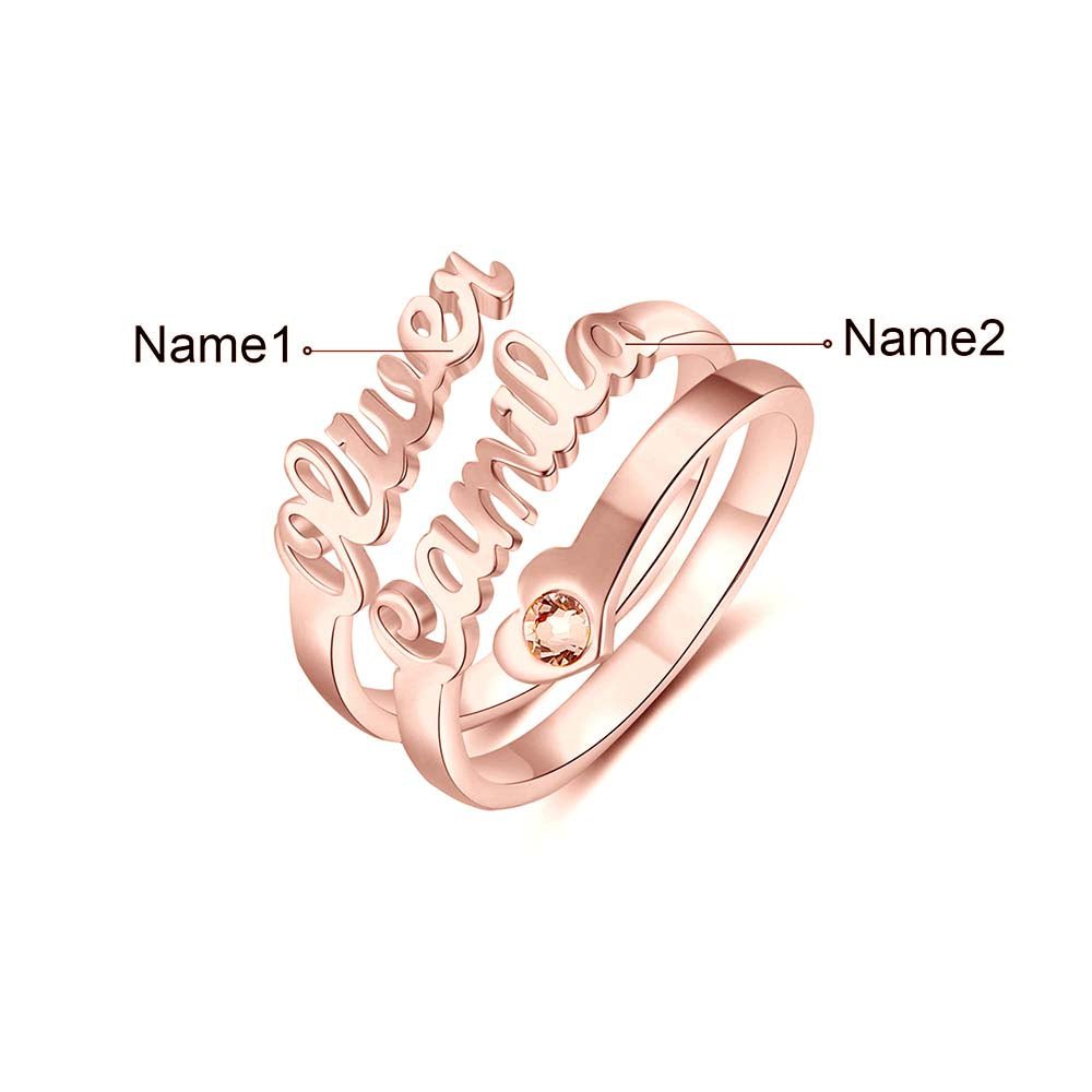 Custom names ring, personalized birthstone & name open ring, adjustable size, Valentine's day gift, gold/rose gold/white gold plated, 1.5-5.3g.