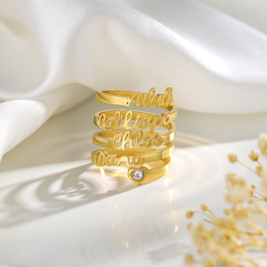 Custom names ring, personalized birthstone & name open ring, adjustable size, Valentine's day gift, gold/rose gold/white gold plated, 1.5-5.3g.