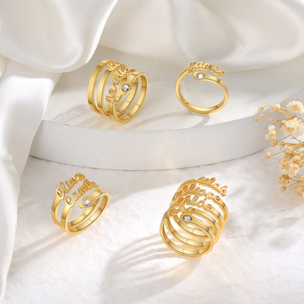 Custom names ring, personalized birthstone & name open ring, adjustable size, Valentine's day gift, gold/rose gold/white gold plated, 1.5-5.3g.