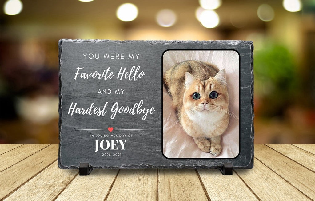 Custom pet memorial plaque on natural slate, personalized cat photo and name, heartfelt pet loss gift.