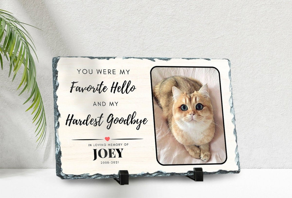 Custom pet memorial plaque on natural slate, personalized cat photo and name, heartfelt pet loss gift.