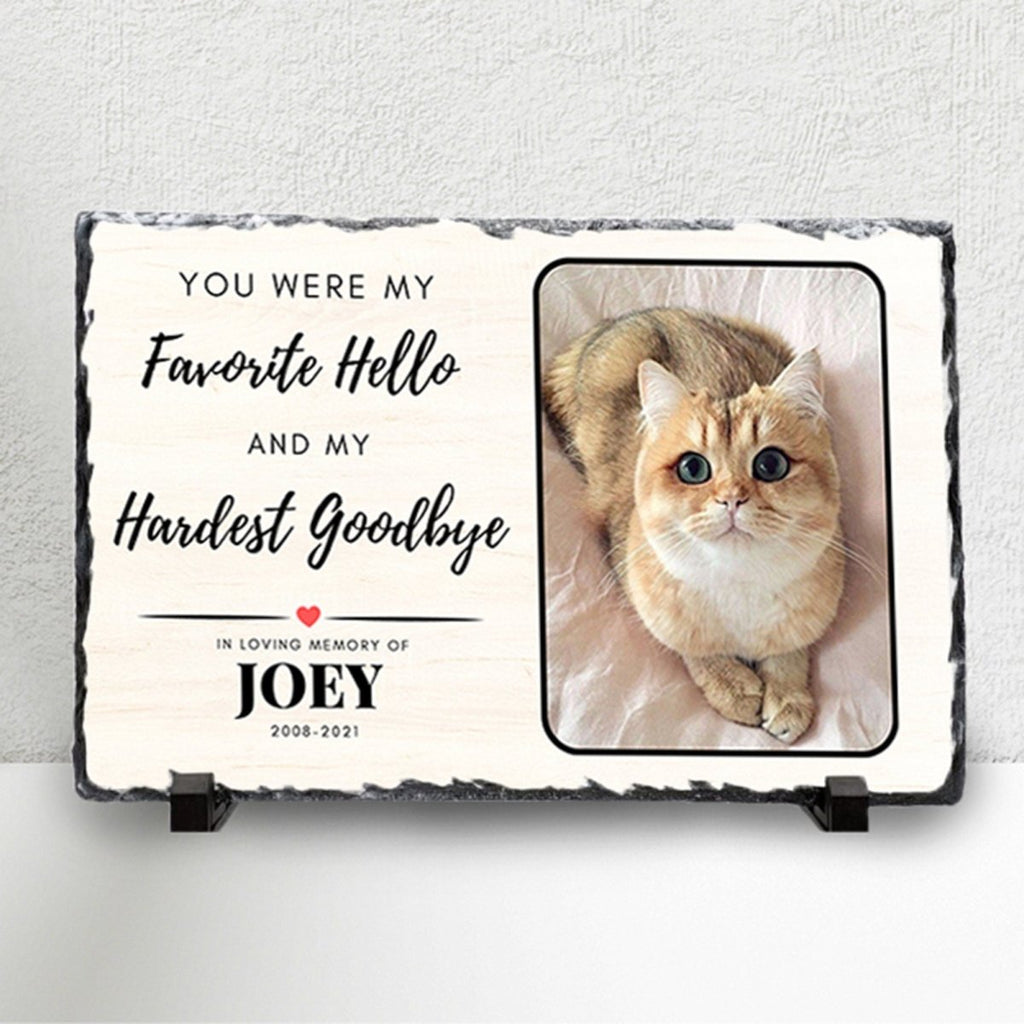 Custom pet memorial plaque on natural slate, personalized cat photo and name, heartfelt pet loss gift.
