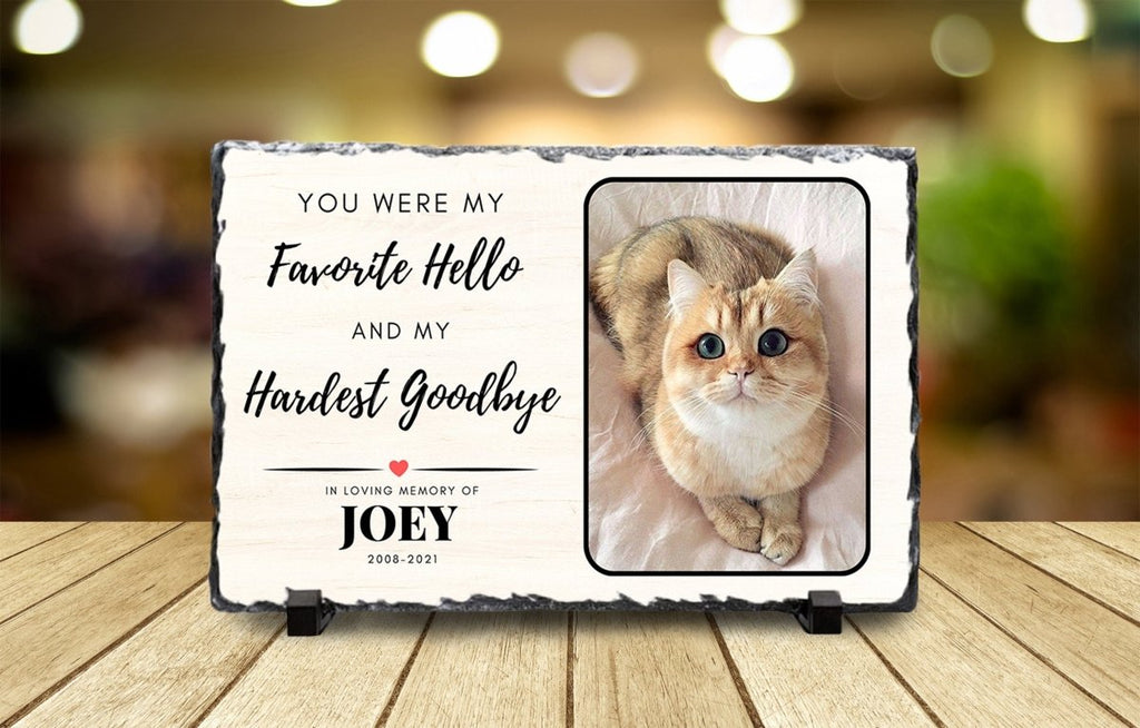 Custom pet memorial plaque on natural slate, personalized cat photo and name, heartfelt pet loss gift.
