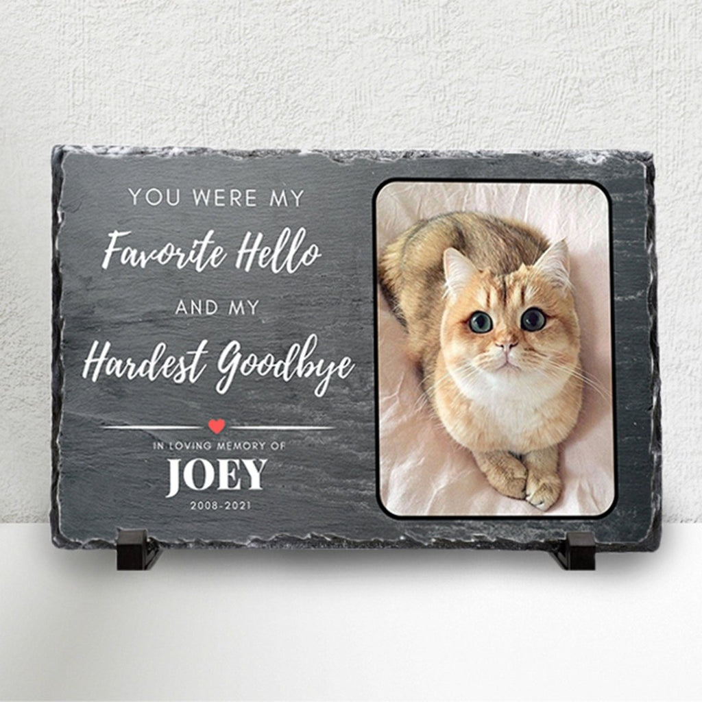 Custom pet memorial plaque on natural slate, personalized cat photo and name, heartfelt pet loss gift.