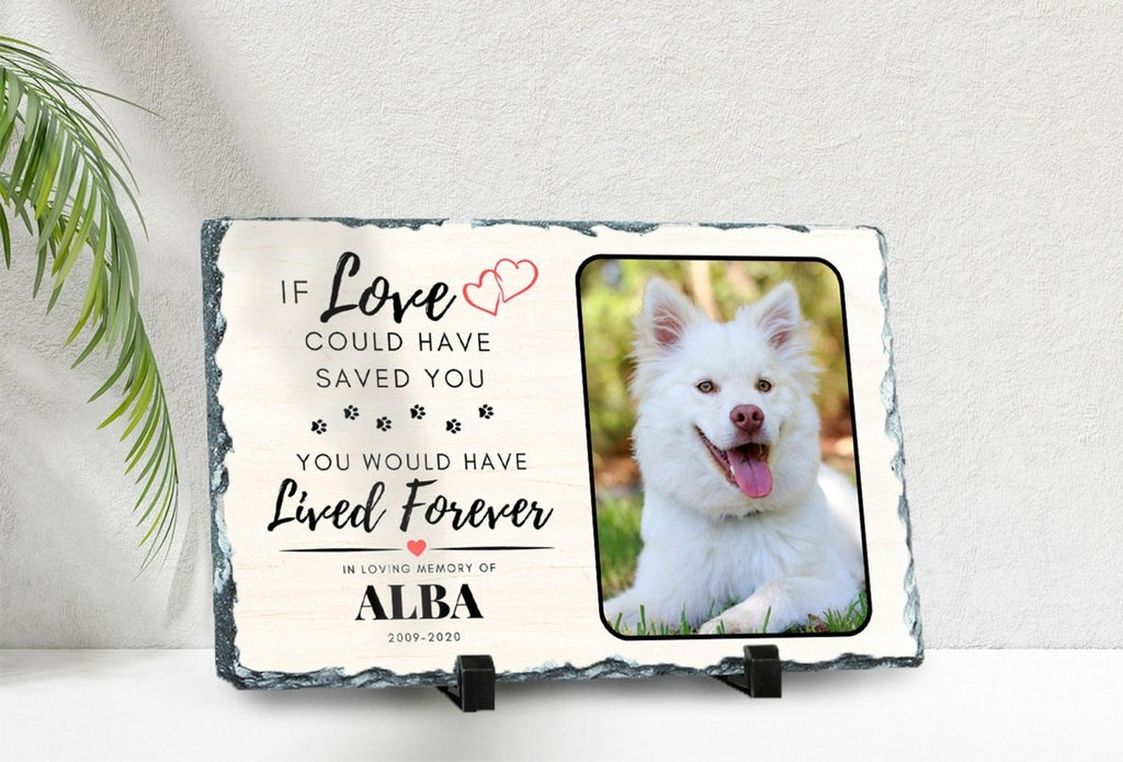 Custom pet memorial plaque on natural slate, personalized photo, pet loss tribute, remembrance gift.