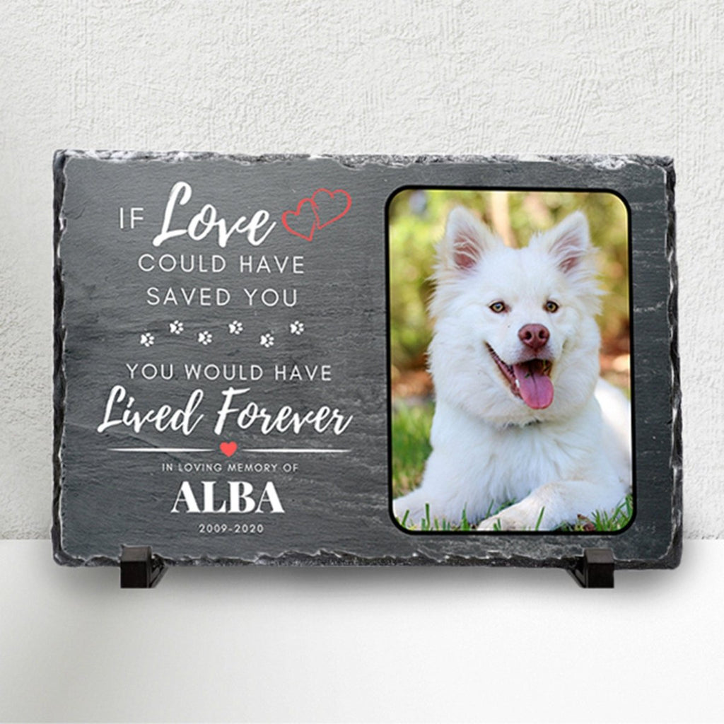 Custom pet memorial plaque on natural slate, personalized photo, pet loss tribute, remembrance gift.