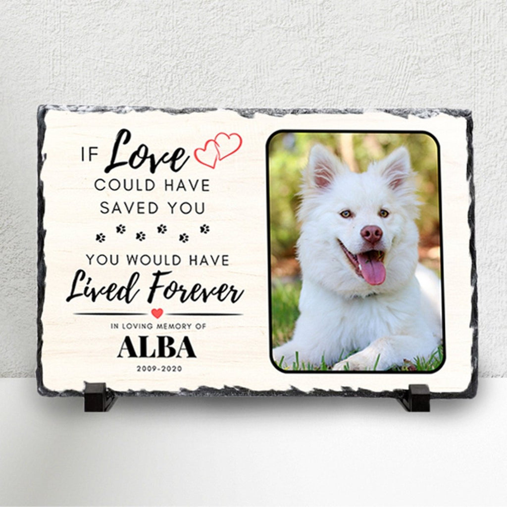 Custom pet memorial plaque on natural slate, personalized photo, pet loss tribute, remembrance gift.