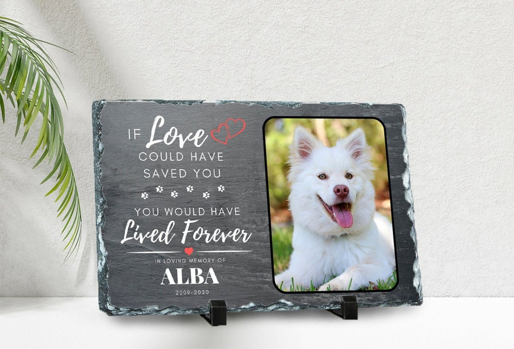 Custom pet memorial plaque on natural slate, personalized photo, pet loss tribute, remembrance gift.
