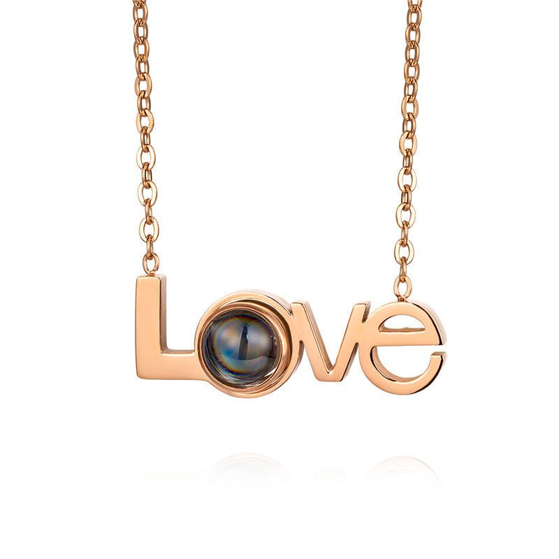 Personalized custom photo love projection necklace, rose gold plated copper pendant, unique gift.