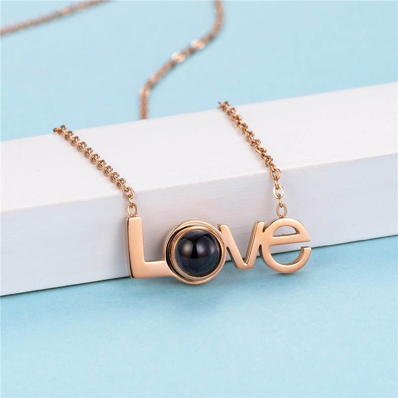 Personalized custom photo love projection necklace, rose gold plated copper pendant, unique gift.