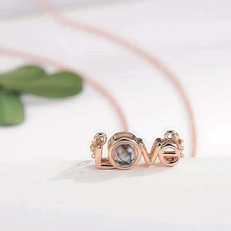 Personalized custom photo love projection necklace, rose gold plated copper pendant, unique gift.
