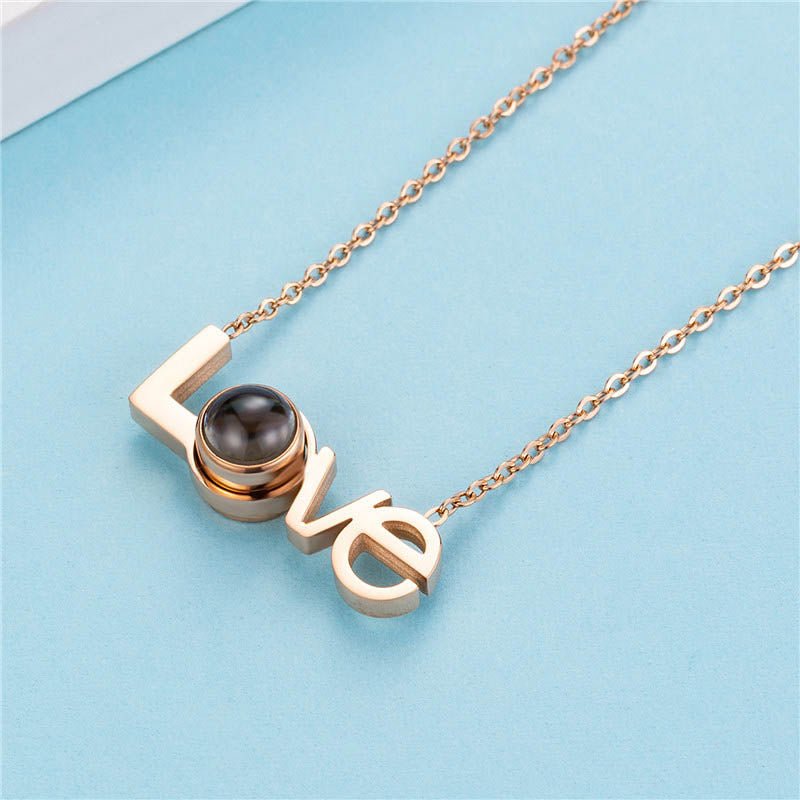 Personalized custom photo love projection necklace, rose gold plated copper pendant, unique gift.