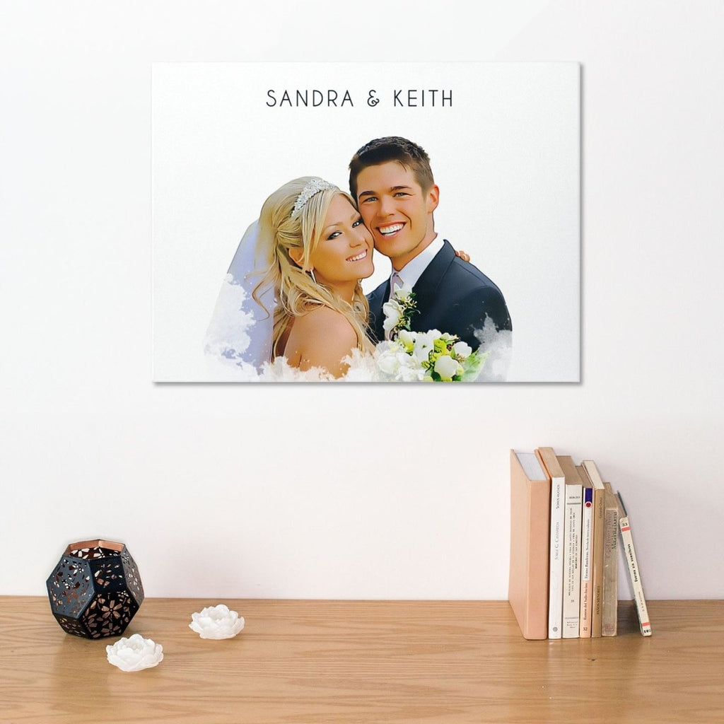 Custom Personalised Newlyweds illustration, wedding anniversary gift, Couple Portrait, HD glossy metal print - Engraved Memories