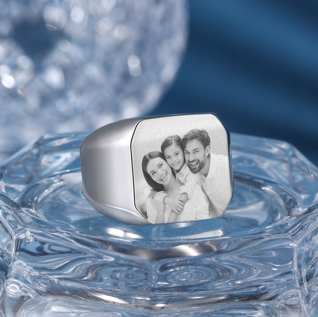 Personalized custom photo ring for men, stainless steel, Father's Day gift, white gold/black/blue plated.