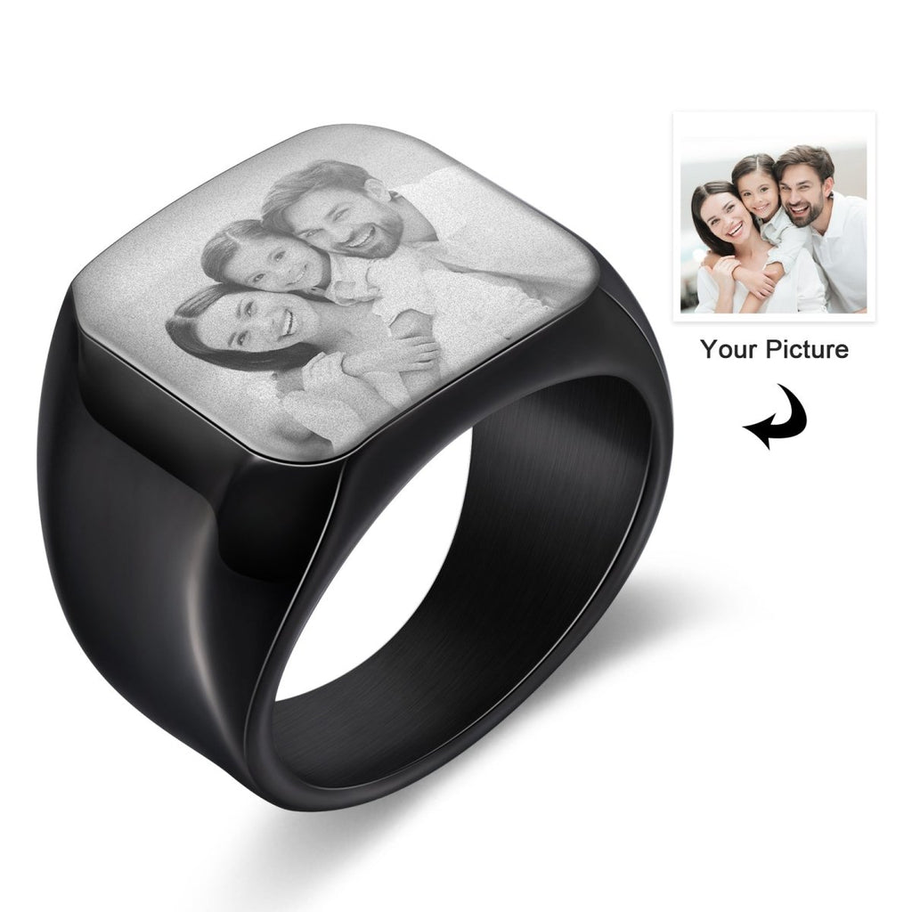 Personalized custom photo ring for men, stainless steel, Father's Day gift, white gold/black/blue plated.