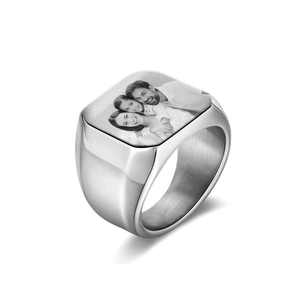 Personalized custom photo ring for men, stainless steel, Father's Day gift, white gold/black/blue plated.