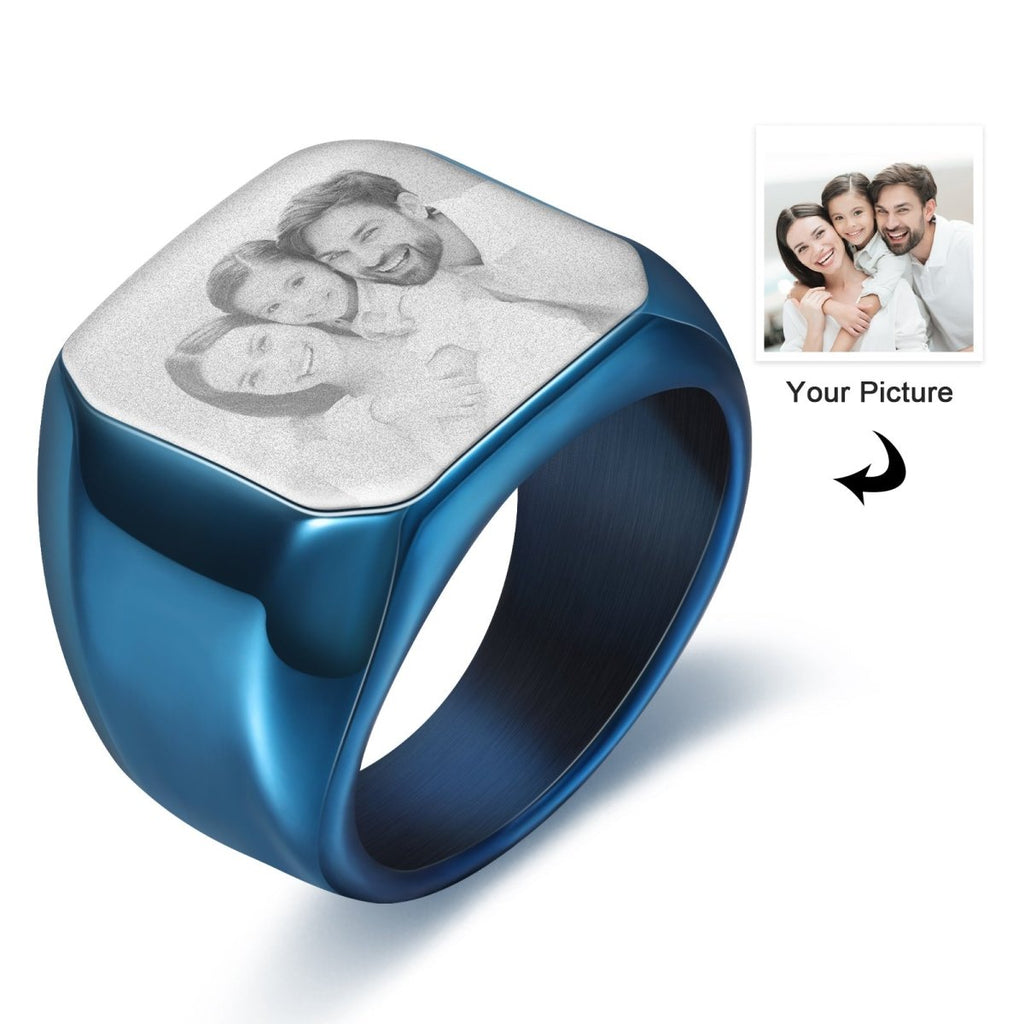 Personalized custom photo ring for men, stainless steel, Father's Day gift, white gold/black/blue plated.