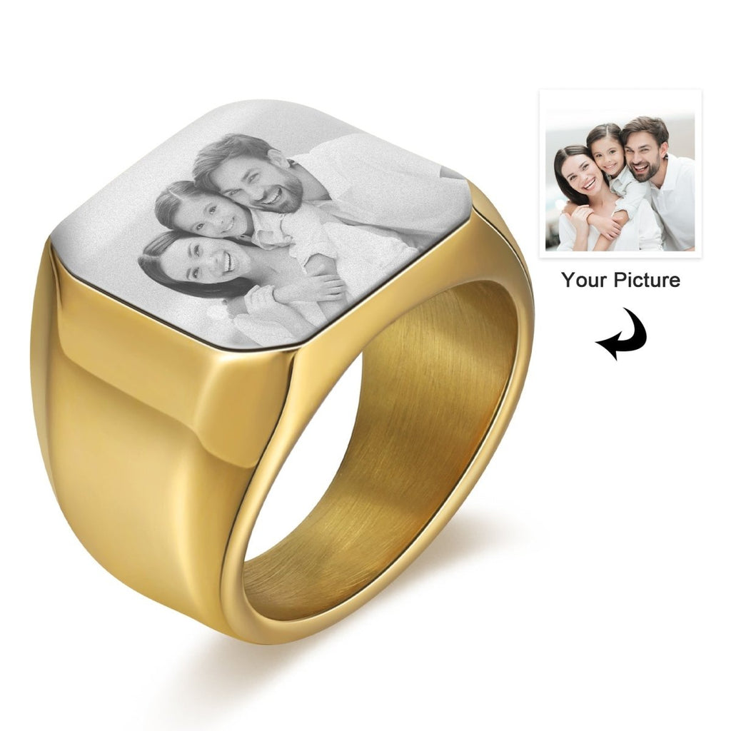 Personalized custom photo ring for men, stainless steel, Father's Day gift, white gold/black/blue plated.