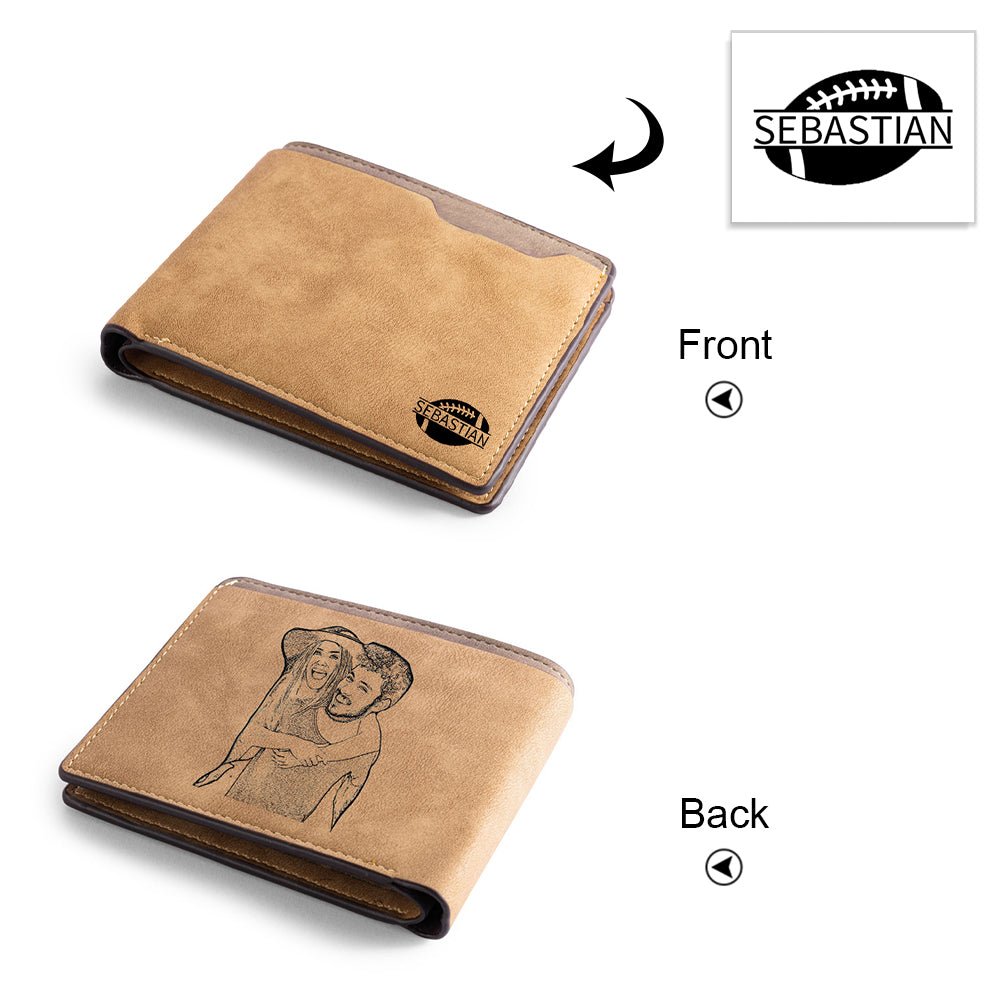 Personalized custom photo leather wallet, brown, photo & name artwork, Father's Day gift, 12cm size.