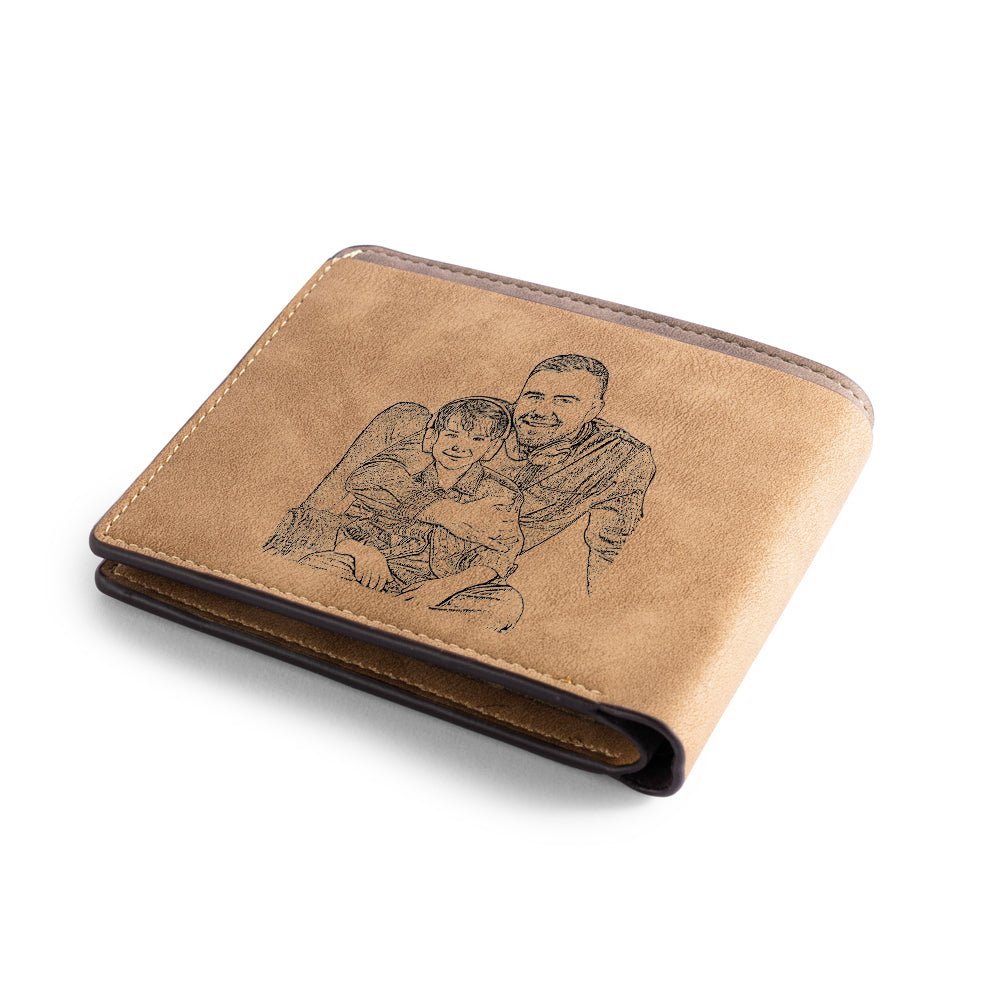 Personalized custom photo leather wallet, brown, photo & name artwork, Father's Day gift, 12cm size.