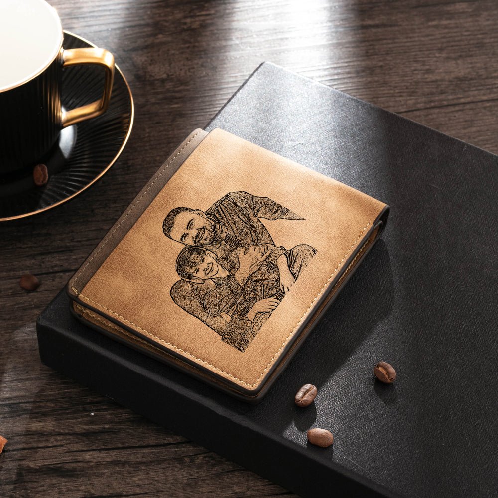 Custom Photo Wallet, Brown Leather Wallet, Photo Name Artwork Personalised Wallet, Father's day gift - Engraved Memories