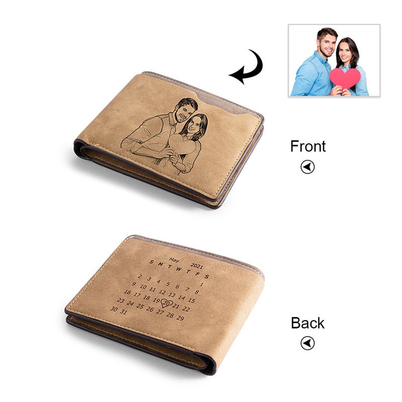 Personalized custom photo leather wallet, brown, photo & name artwork, Father's Day gift, 12cm size.