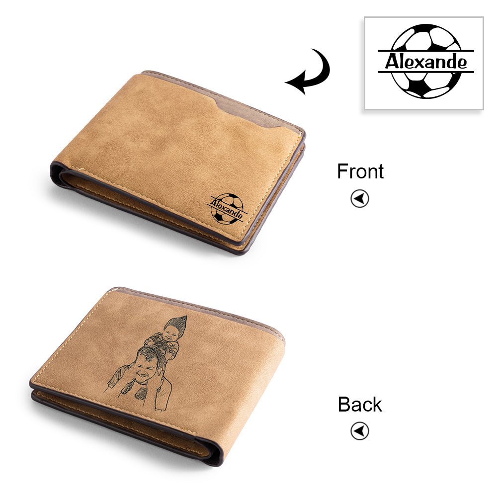 Personalized custom photo leather wallet, brown, photo & name artwork, Father's Day gift, 12cm size.