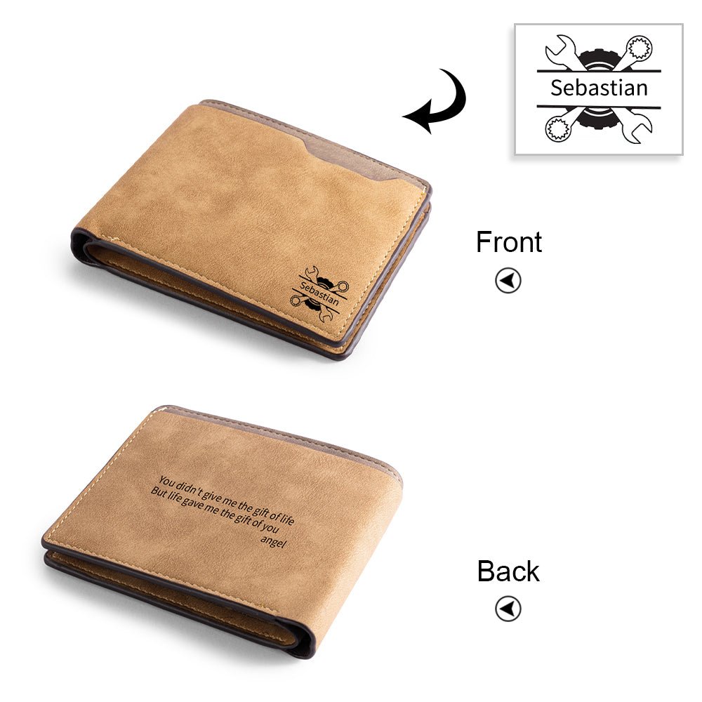 Personalized custom photo leather wallet, brown, photo & name artwork, Father's Day gift, 12cm size.