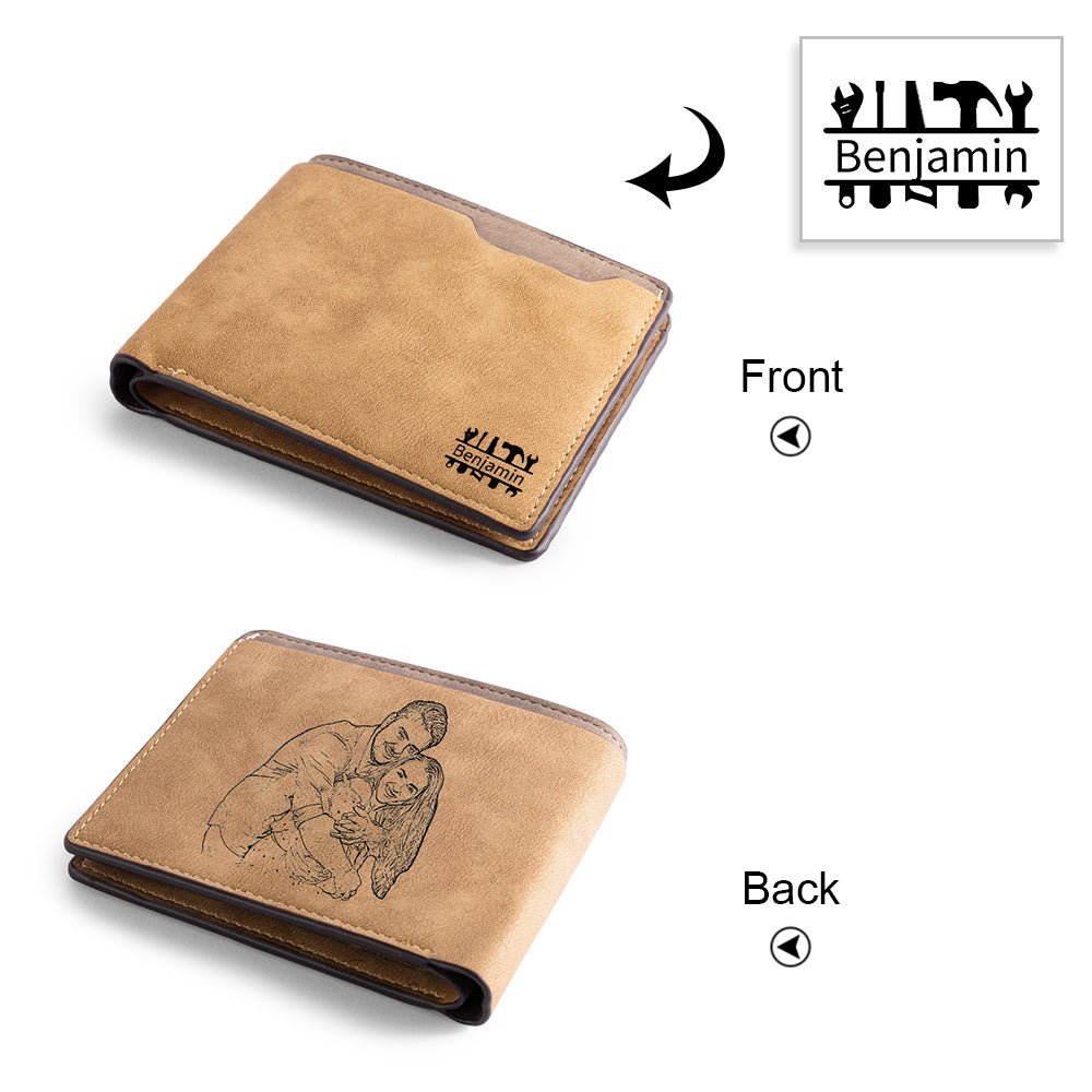 Personalized custom photo leather wallet, brown, photo & name artwork, Father's Day gift, 12cm size.