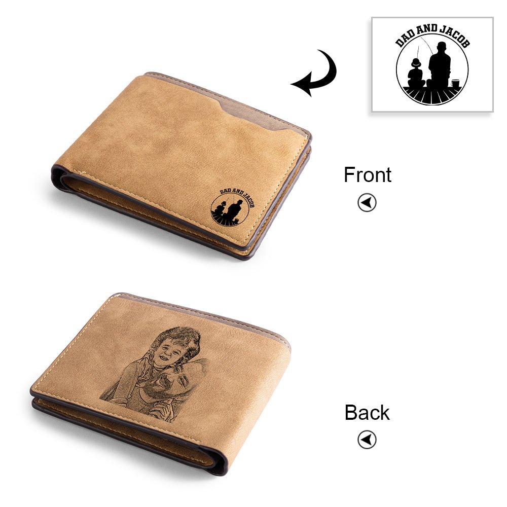Personalized custom photo leather wallet, brown, photo & name artwork, Father's Day gift, 12cm size.