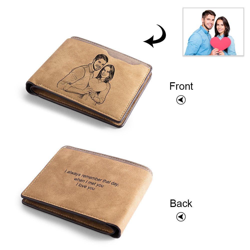 Personalized custom photo leather wallet, brown, photo & name artwork, Father's Day gift, 12cm size.