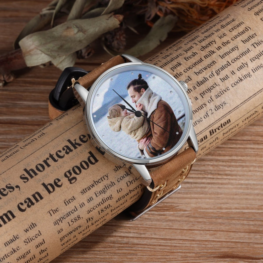 Custom Photo Watch, Personalised Watch for Men, Gift for Dad, Father's day, Photo Watch with Brown stitched Leather strap - Engraved Memories